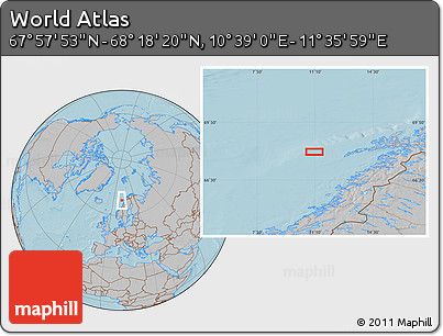 Gray Location Map of the Area around 68° 8' 7" N, 11° 7' 30" E, hill shading