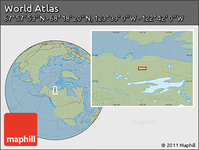 Savanna Style Location Map of the Area around 68° 8' 7" N, 123° 10' 30" W, hill shading