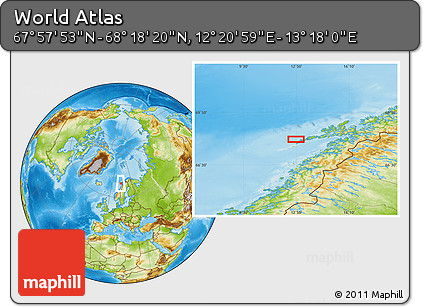 Physical Location Map of the Area around 68° 8' 7" N, 12° 49' 29" E