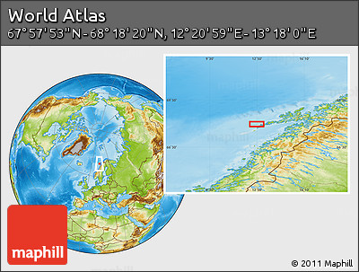 Physical Location Map of the Area around 68° 8' 7" N, 12° 49' 29" E