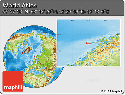 Physical Location Map of the Area around 68° 8' 7" N, 12° 49' 29" E