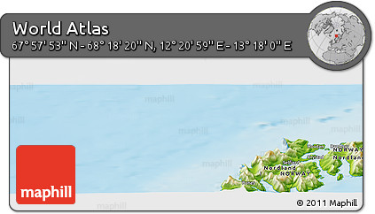 Physical Panoramic Map of the Area around 68° 8' 7" N, 12° 49' 29" E
