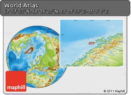 Physical Location Map of the Area around 68° 8' 7" N, 13° 40' 30" E