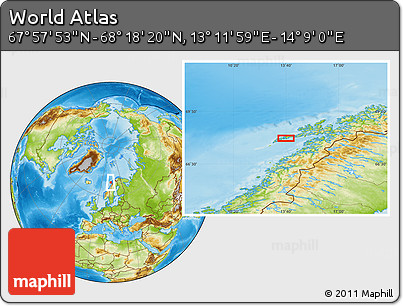 Physical Location Map of the Area around 68° 8' 7" N, 13° 40' 30" E