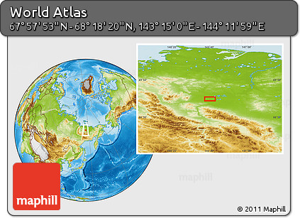Physical Location Map of the Area around 68° 8' 7" N, 143° 43' 29" E