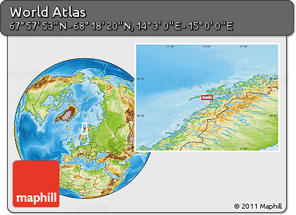 Physical Location Map of the Area around 68° 8' 7" N, 14° 31' 30" E