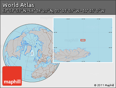 Gray Location Map of the Area around 68° 8' 7" N, 15° 13' 29" W