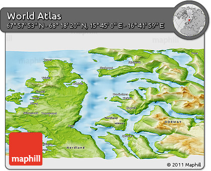Physical 3D Map of the Area around 68° 8' 7" N, 16° 13' 30" E