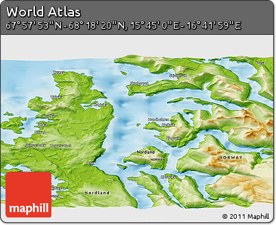 Physical 3D Map of the Area around 68° 8' 7" N, 16° 13' 30" E