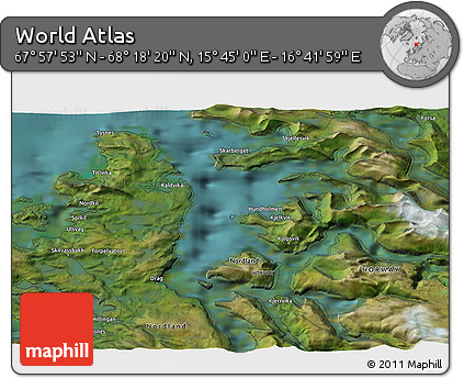 Satellite 3D Map of the Area around 68° 8' 7" N, 16° 13' 30" E