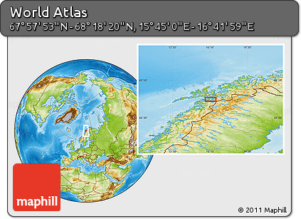 Physical Location Map of the Area around 68° 8' 7" N, 16° 13' 30" E