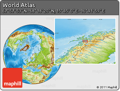 Physical Location Map of the Area around 68° 8' 7" N, 16° 13' 30" E