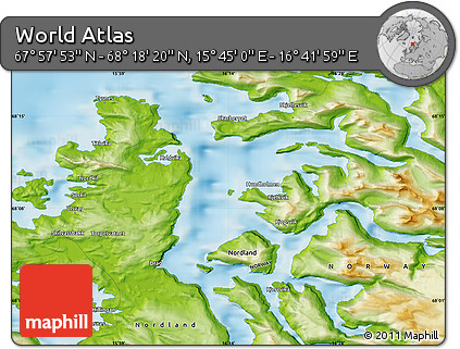 Physical Map of the Area around 68° 8' 7" N, 16° 13' 30" E