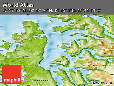 Physical Map of the Area around 68° 8' 7" N, 16° 13' 30" E