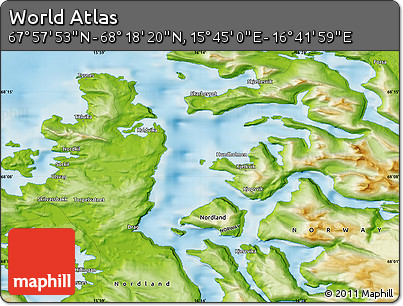 Physical Map of the Area around 68° 8' 7" N, 16° 13' 30" E
