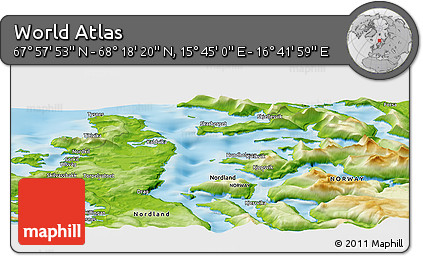 Physical Panoramic Map of the Area around 68° 8' 7" N, 16° 13' 30" E