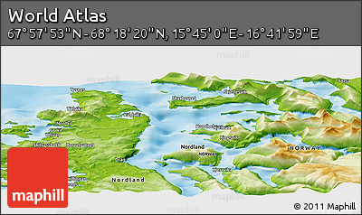Physical Panoramic Map of the Area around 68° 8' 7" N, 16° 13' 30" E