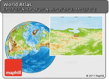Physical Location Map of the Area around 68° 8' 7" N, 170° 4' 29" E