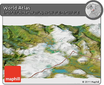 Satellite 3D Map of the Area around 68° 8' 7" N, 17° 4' 30" E