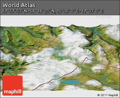 Satellite 3D Map of the Area around 68° 8' 7" N, 17° 4' 30" E