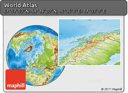 Physical Location Map of the Area around 68° 8' 7" N, 17° 4' 30" E