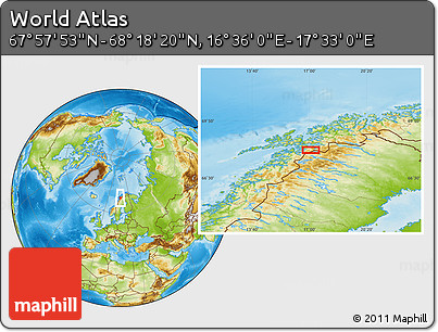 Physical Location Map of the Area around 68° 8' 7" N, 17° 4' 30" E