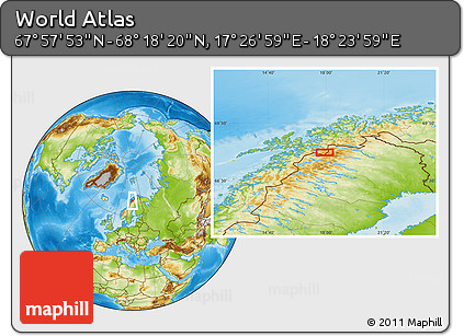 Physical Location Map of the Area around 68° 8' 7" N, 17° 55' 29" E