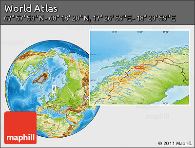 Physical Location Map of the Area around 68° 8' 7" N, 17° 55' 29" E