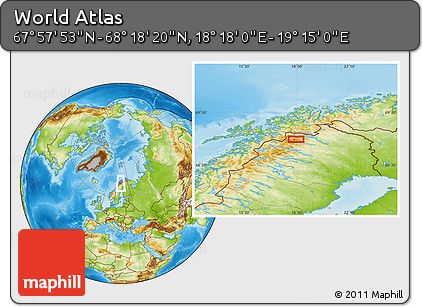 Physical Location Map of the Area around 68° 8' 7" N, 18° 46' 29" E