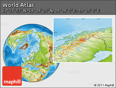 Physical Location Map of the Area around 68° 8' 7" N, 18° 46' 29" E