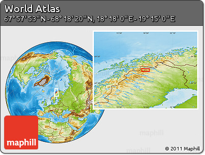 Physical Location Map of the Area around 68° 8' 7" N, 18° 46' 29" E