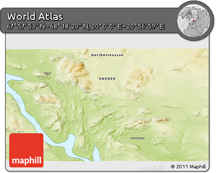 Physical 3D Map of the Area around 68° 8' 7" N, 20° 28' 30" E