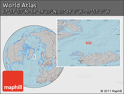 Gray Location Map of the Area around 68° 8' 7" N, 20° 19' 30" W, hill shading
