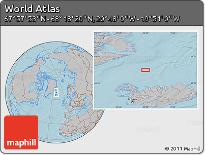 Gray Location Map of the Area around 68° 8' 7" N, 20° 19' 30" W, hill shading