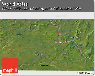 Satellite 3D Map of the Area around 68° 8' 7" N, 23° 1' 29" E