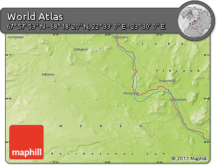 Physical Map of the Area around 68° 8' 7" N, 23° 1' 29" E