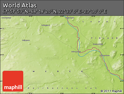 Physical Map of the Area around 68° 8' 7" N, 23° 1' 29" E