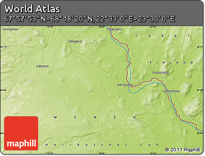 Physical Map of the Area around 68° 8' 7" N, 23° 1' 29" E