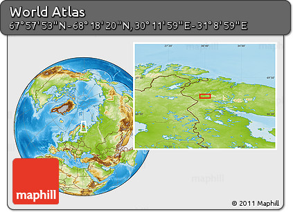 Physical Location Map of the Area around 68° 8' 7" N, 30° 40' 29" E
