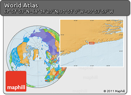 Political Location Map of the Area around 68° 8' 7" N, 31° 22' 30" W