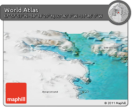 Satellite 3D Map of the Area around 68° 8' 7" N, 32° 13' 30" W