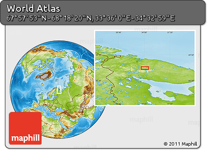 Physical Location Map of the Area around 68° 8' 7" N, 34° 4' 30" E