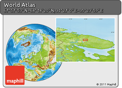 Physical Location Map of the Area around 68° 8' 7" N, 34° 55' 29" E