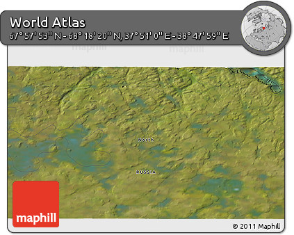 Satellite 3D Map of the Area around 68° 8' 7" N, 38° 19' 30" E