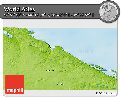 Physical 3D Map of the Area around 68° 8' 7" N, 39° 10' 29" E