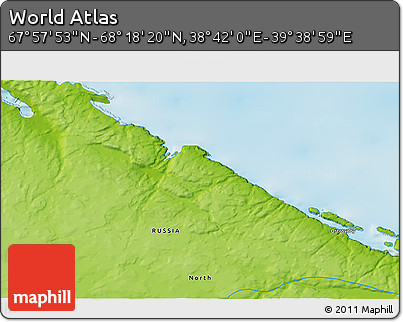 Physical 3D Map of the Area around 68° 8' 7" N, 39° 10' 29" E
