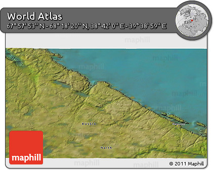 Satellite 3D Map of the Area around 68° 8' 7" N, 39° 10' 29" E