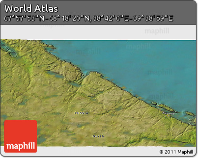 Satellite 3D Map of the Area around 68° 8' 7" N, 39° 10' 29" E