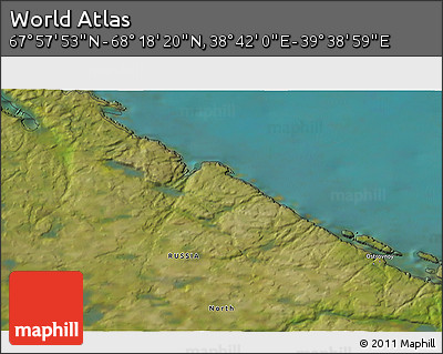 Satellite 3D Map of the Area around 68° 8' 7" N, 39° 10' 29" E