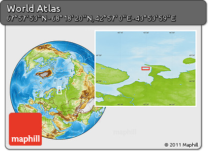 Physical Location Map of the Area around 68° 8' 7" N, 43° 25' 29" E